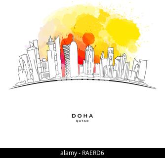 Doha in Qatar skyline su sfondo colorato. Disegnate a mano illustrazione vettoriale. Famose destinazioni di viaggio serie. Illustrazione Vettoriale