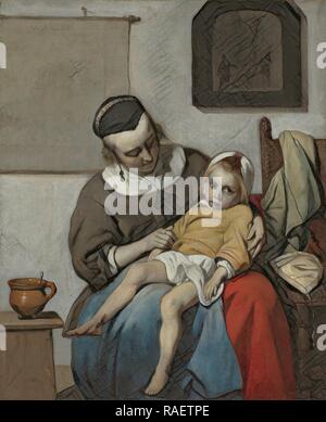 Il bambino malato, Gabriël Metsu, c. 1664 - c. 166. Reinventato da Gibon. Arte Classica con un tocco di moderno reinventato Foto Stock