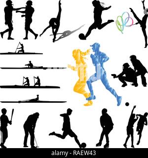 Donna soccer, pattinaggio ghiaccio, runner silhouette, baseball, pallamano, golf, kayak, vettore di ritmica Illustrazione Vettoriale