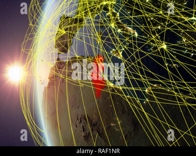 Tunisia da spazio sul modello di massa durante il tramonto con la rete internazionale. Concetto di comunicazione digitale o di viaggio. 3D'illustrazione. Elementi o Foto Stock