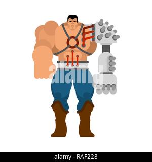 Uomo di Cyborg con ferro mani cibernetica robot. Meccanismo di umanoide. tecnologia meccanica dello scheletro robotico. Tuta di ferro Illustrazione Vettoriale