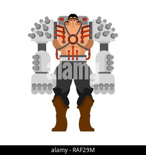 Uomo di Cyborg con ferro mani cibernetica robot. Meccanismo di umanoide. tecnologia meccanica dello scheletro robotico. Tuta di ferro Illustrazione Vettoriale