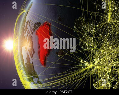 La Groenlandia dallo spazio sul modello di massa durante il tramonto con la rete internazionale. Concetto di comunicazione digitale o di viaggio. 3D'illustrazione. Elementi Foto Stock