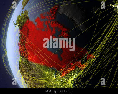 Canada dallo spazio sul modello di massa durante il tramonto con la rete internazionale. Concetto di comunicazione digitale o di viaggio. 3D'illustrazione. Elementi del Foto Stock