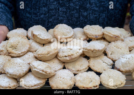 Uomo che porta cotto in casa natale pasticci di carne macinata sul filo di un raffreddamento per rack Foto Stock