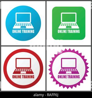 La formazione online vector icon set. Design piatto web icone in formato eps 10. Colorati pulsanti di internet in quattro versioni Illustrazione Vettoriale