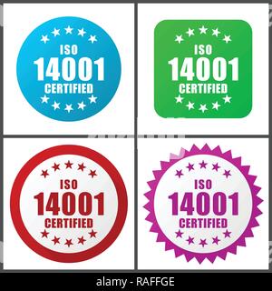 Iso 14001 vector icon set. Design piatto web icone in formato eps 10. Colorati pulsanti di internet in quattro versioni Illustrazione Vettoriale