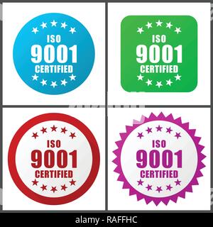 Iso 9001 vector icon set. Design piatto web icone in formato eps 10. Colorati pulsanti di internet in quattro versioni Illustrazione Vettoriale