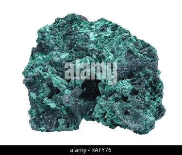 Verde scuro fibroso cluster Malachite da Shaba Provincia, Zaire, isolati su sfondo bianco. Foto Stock