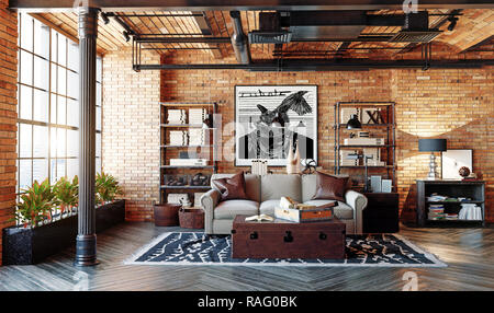 Moderno loft soggiorno interno. Vivere il design di stile. Il rendering 3D Foto Stock