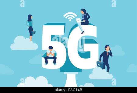 Vettore della gente di affari con i gadget seduta sul grande 5G simbolo reti con connessione wireless ad alta velocità tramite la tecnologia mobile Illustrazione Vettoriale