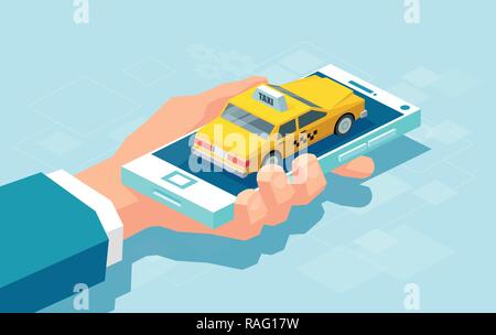 Creative design colorato in isometry di raccolto man holding smartphone con taxi auto per il servizio app Illustrazione Vettoriale