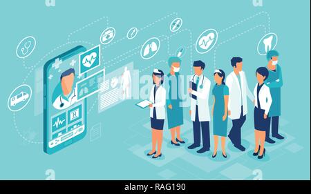 Concetto di sanità app su uno smartphone. Vettore di professional team medici collegati online per un paziente dando una consultazione medica Illustrazione Vettoriale
