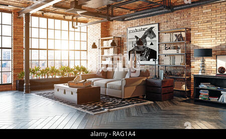 Moderno loft soggiorno interno. Vivere il design di stile. Il rendering 3D Foto Stock