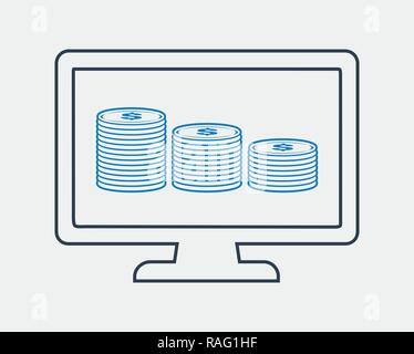 Moneta Online icona linea su sfondo grigio. Il simbolo della moneta sul monitor segno. Illustrazione Vettoriale