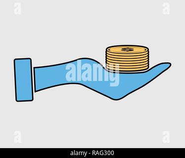 Colorato risparmiare denaro icona. Coin simbolo sul segno a mano. Illustrazione Vettoriale