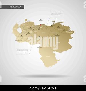 Vettore stilizzati Venezuela mappa. Una infografica 3d oro illustrazione mappa con le città, le frontiere, il capitale e le divisioni amministrative e il puntatore di marchi, ombra Illustrazione Vettoriale