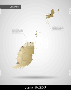 Vettore stilizzati Grenada mappa. Una infografica 3d oro illustrazione mappa con le città, le frontiere, il capitale e le divisioni amministrative e il puntatore di marchi, ombra; Illustrazione Vettoriale