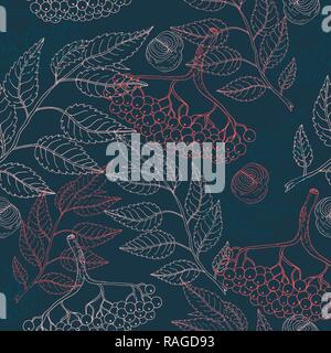 Carino floreale colorato viburnum seamless pattern su sfondo blu disegnati a mano illustrazione Illustrazione Vettoriale