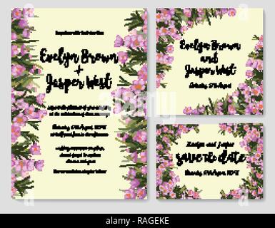Rustico set di nozze con rosa fiori di cera (chamelaucium). Invito a nozze, salva la data, scheda di ricezione, RSVP. Illustrazione Vettoriale Illustrazione Vettoriale