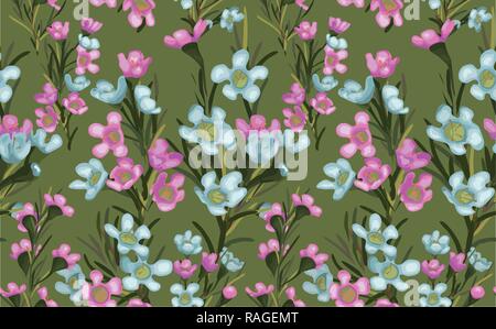 Ampia vintage perfetta configurazione di sfondo. Blu e rosa di cera fiori selvatici con foglia. Abstract, disegnati a mano, il vettore Illustrazione Vettoriale