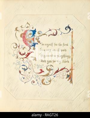 Manoscritto illuminato poesia, britannico, Inghilterra, 1843 - 1845, rosso, blu, verde e inchiostro rosa con doratura, 17.1 x 16.3 reinventato Foto Stock