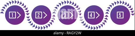 Colorata viola cerchi di gradiente in cinque fasi elemento infografico, con numeri, triangolo Onda sinusoidale mostra la direzione. Illustrazione di vettore isolato su Illustrazione Vettoriale