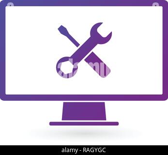 Il monitor di un computer icona strumenti. Riparazione e servizio tecnico. Illustrazione di vettore isolato su sfondo bianco. Design pulito Illustrazione Vettoriale
