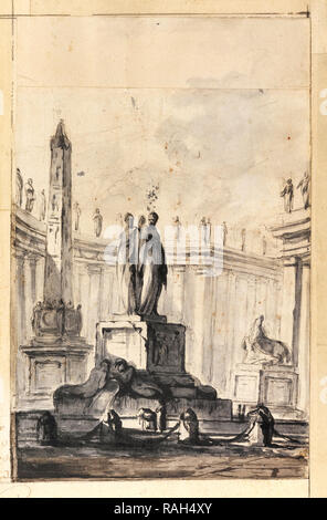 Louis-Joseph Le Lorrain, Architettonico Fantasy con fontana e obelisco, circa 1745, gesso nero, spazzola di lavaggio grigio su carta, Cooper Hewitt, Smithsonian Design Museum, STATI UNITI D'AMERICA. Foto Stock