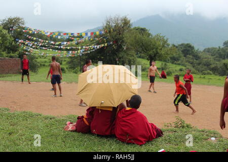 Tibetano monaci novizio a giocare il gioco del calcio Foto Stock