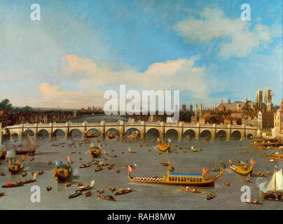 Westminster Bridge, con il Sindaco di processione sul Tamigi - Canaletto, circa 1747 Foto Stock