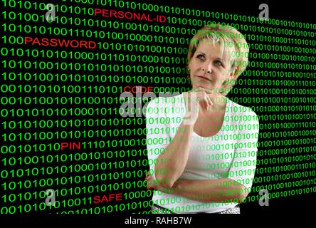 Una donna con il codice del computer e le parole evidenziate Personal-ID, password, codice PIN e cassaforte, immagine simbolica per computer Foto Stock
