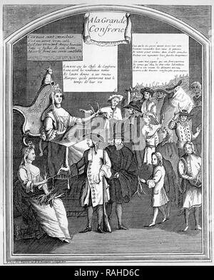 Il destino di tutti gli uomini sposati, simbolico satirico di incisione su rame, Francia, circa 1700 Foto Stock