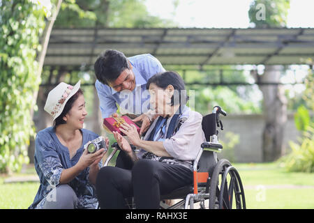 Il figlio e la nuora dono madre anziana in cortile Foto Stock