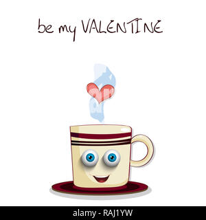 La mia scheda di San Valentino con graziosi fumante tazza marrone con motivi a righe, smilling faccia e cuore. illustrazione, clip art, biglietto di auguri, invito. Foto Stock