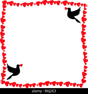 Retro Vintage border photo frame di cuori con amorevole colombe giovane piccioni silhouette negli angoli. Modello con copia spazio per il giorno di San Valentino invitat Foto Stock