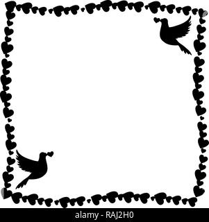 Bianco e nero retro vintage border photo frame di cuori con amorevole colombe giovane piccioni silhouette negli angoli. Modello monocromatico per San Valentino Foto Stock