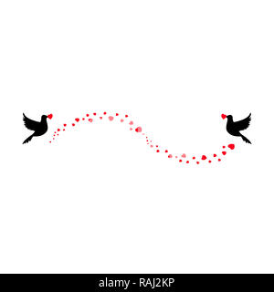 Elegante amore romantico matrimonio, valentines clip art con cuore di confetti o onda di flusso e coppia di colombe. Molti cuori volanti su sfondo bianco per gr Foto Stock