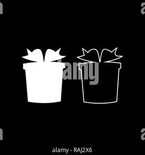 Set di contorno bianco piatto e sagome di regali impacchettati su sfondo nero. Natale, Capodanno, regalo di compleanno icona, segno, simbolo, clip art. Foto Stock