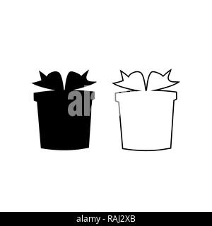 Set di contorno nero e sagome piane di regali impacchettati su sfondo bianco. Natale, Capodanno, compleanno, valentines presente icona, segno, symbo Foto Stock