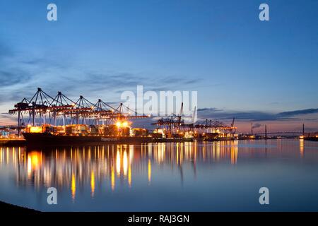 Altenwerder terminal container del porto di Amburgo, Koehlbrand ponte a schiena, Amburgo Foto Stock