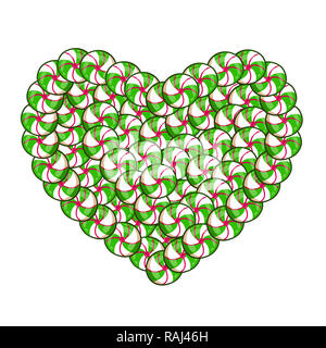 Candy cuore fatto di verde e bianco di lecca-lecca e caramelle isolati su sfondo bianco. illustrazione, clip art per il giorno di San Valentino biglietto di auguri desi Foto Stock