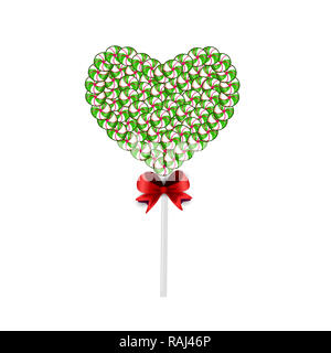 Verde e bianco cuore lolipop fatta di dolci e caramelle e delimitata con fiocco rosso isolato su sfondo bianco. illustrazione, icona, clip art. Foto Stock