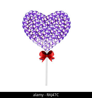 Illustrazione di viola e bianco cuore lolipop fatta di dolci e caramelle e delimitata con nastro rosso isolato su sfondo bianco. Candy cuore sulle sti Foto Stock