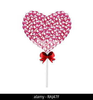 Illustrazione di colore rosa e bianco lolipop cuore fatto di dolci e caramelle delimitata con nastro rosso isolato su sfondo bianco. Candy cuore su stick wit Foto Stock
