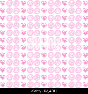 Carino seamless pattern con rose cartoon cuori e spirali su sfondo bianco. illustrazione, modello. Foto Stock
