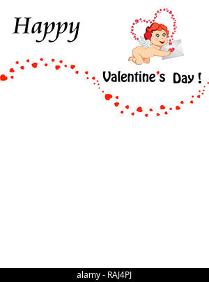 Felice Velrntines template del giorno con il cartoon baby Cupido, Angelo, carattere amour azienda lettera d'amore e lo spazio per il testo su sfondo bianco con molti da lui Foto Stock