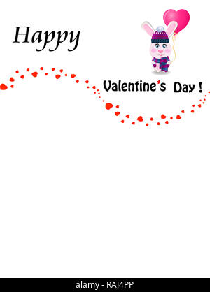 Il giorno di San Valentino biglietto di auguri con il cartoon coniglio in maglia viola hat holding rosa a forma di cuore e di palloncino cuori confetti wave border su bianco bac Foto Stock