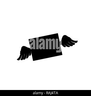 Silhouette nera di busta chiusa con le ali. Flying lettera segno isolato su sfondo bianco. Simbolo per i social media, applicazioni di datazione e cha Foto Stock