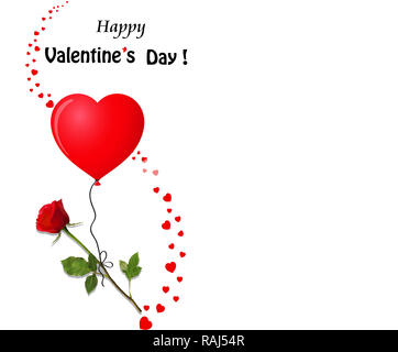 Buon San Valentino biglietto di auguri con fiori di rosa rossa battenti sul cuore rosso a forma di palloncino elio su sfondo bianco con spazio per il testo. romant Foto Stock